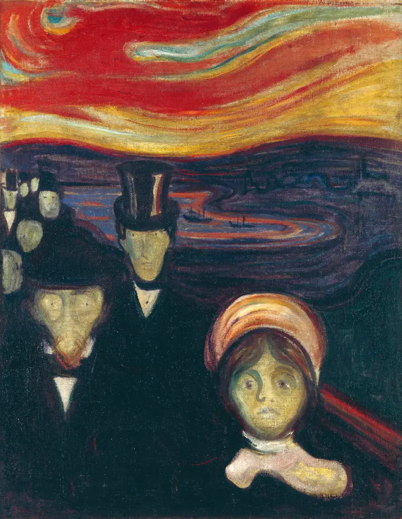 Peinture expressionniste au coucher du soleil d'Edvard Munch - Anxiété